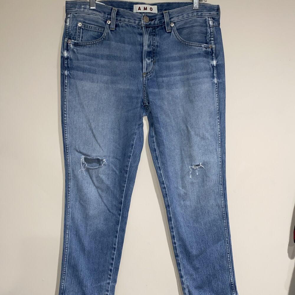 AMO Tomboy Crop Thrift Shop Stretch Denim Distressed Rip Jeans Button Fly Sz 28